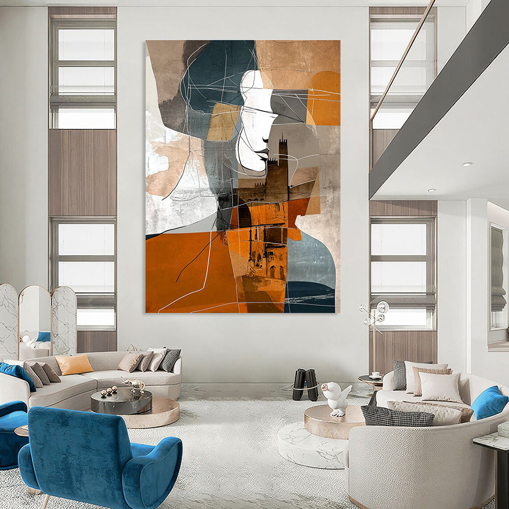 Large abstract painting featuring shapes in brown grey blue and orange with expressionist woman geometric figure and shadowed castle in Parisian urban life.STSC540