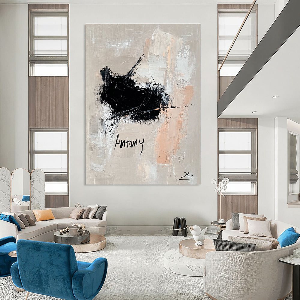 Large abstract oil painting features a black and white impasto cat with neutral tone text on a soft gray background, exuding modern elegance.STSC1088
