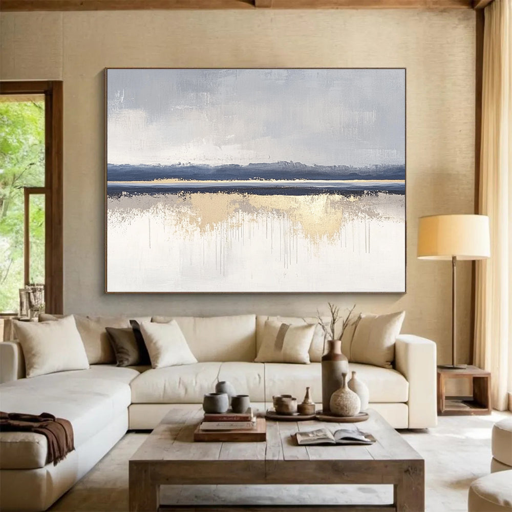 Grey Blue and Gold Landscape Abstract Painting with Reflective Details DYP199