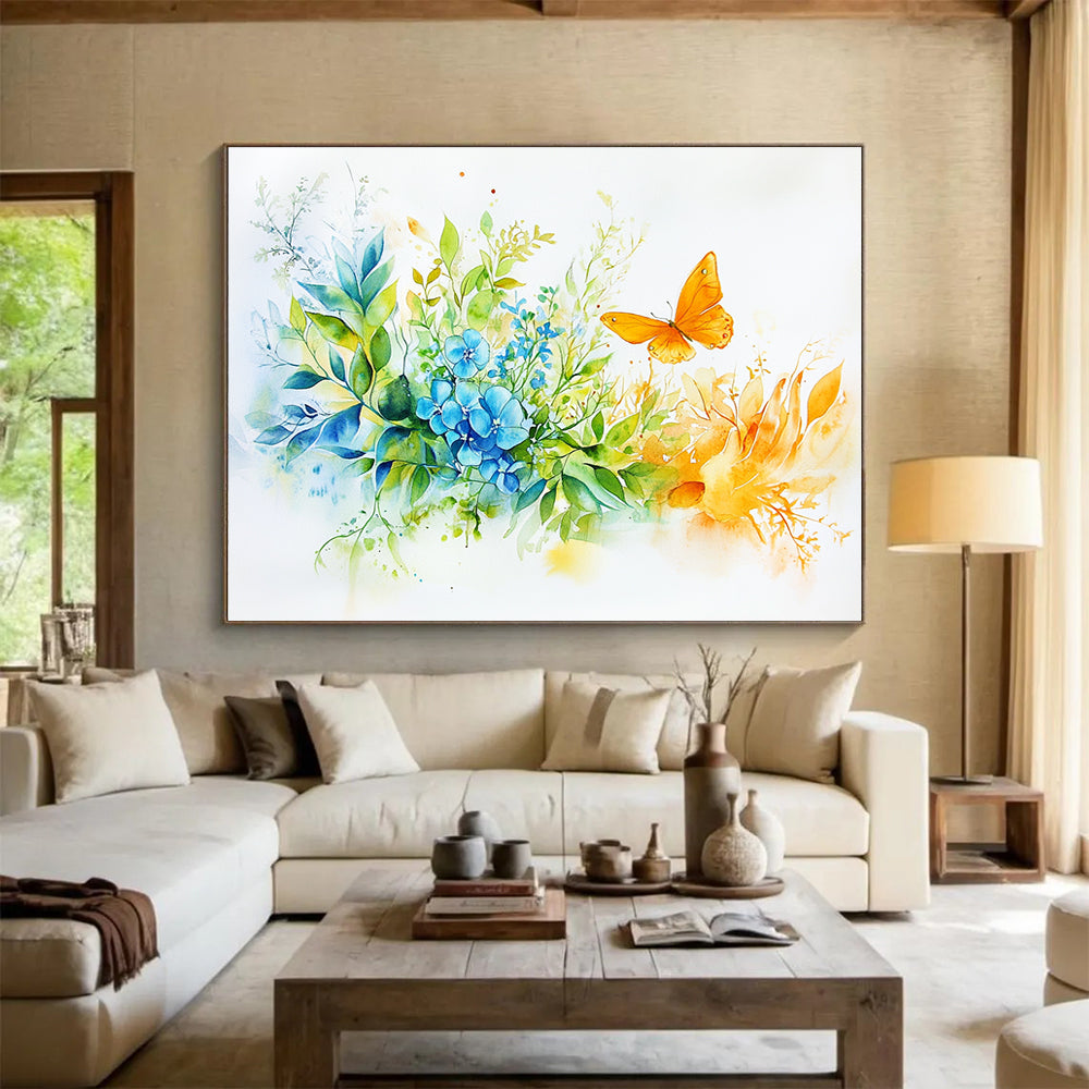 A large abstract painting features green leaves blue flowers and an orange butterfly with golden hands holding the bouquet creating a vibrant harmonious atmosphere.SC567