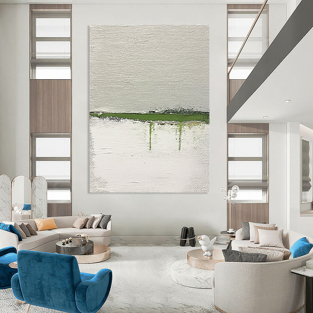 Large abstract painting featuring a green horizon on textured white canvas with thick impasto strokes accentuated by muted lime and gray tones.STSC1094