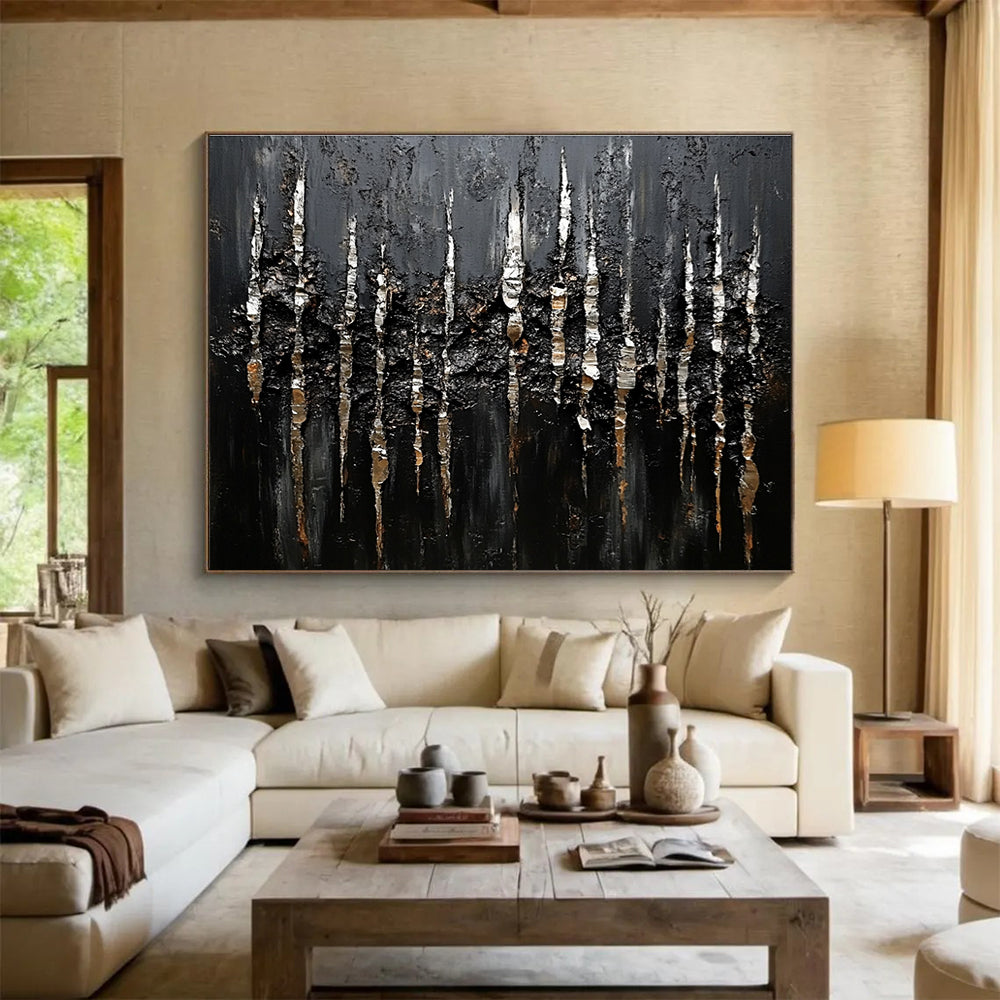 Black and Silver Textured Abstract Painting with Dripping Effects DYP180