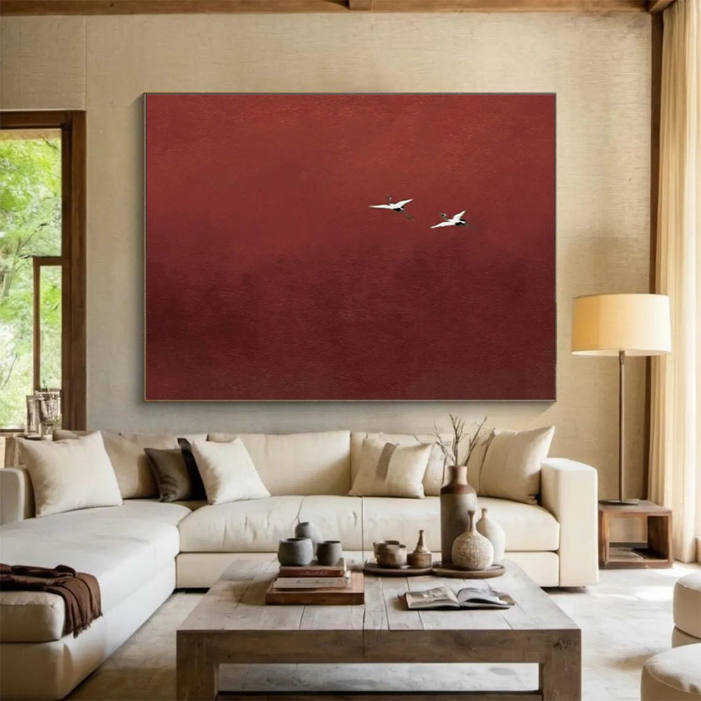Red Crane Abstract Painting with Minimalist, Serene Beauty THY389