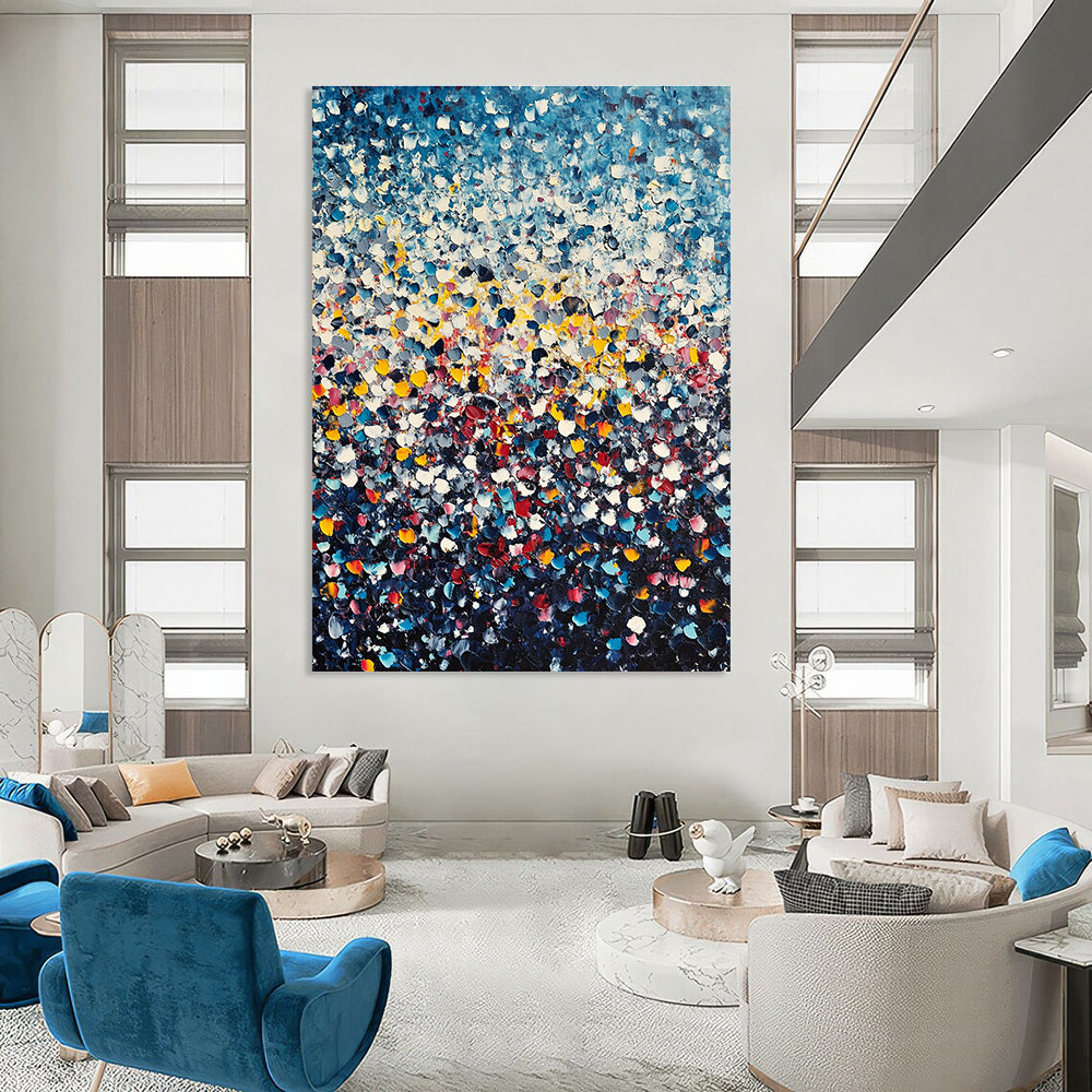 Large abstract painting featuring thousands of tiny flowers in blue yellow and red against a dark gradient background in Whistler's impressionistic style.STSC1140