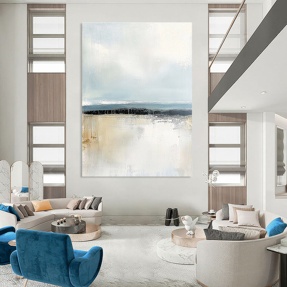 Large abstract painting with soft pastel colors and textured surface capturing serene coastal waters at dawn or dusk for emotional impact.STSC045