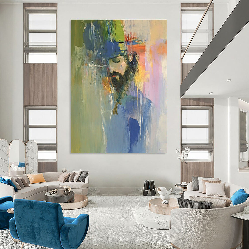 A large abstract oil painting of Jesus in vibrant colors, inspired by Richard Schmid and Peter Wileman, featuring a color field composition.STSC593