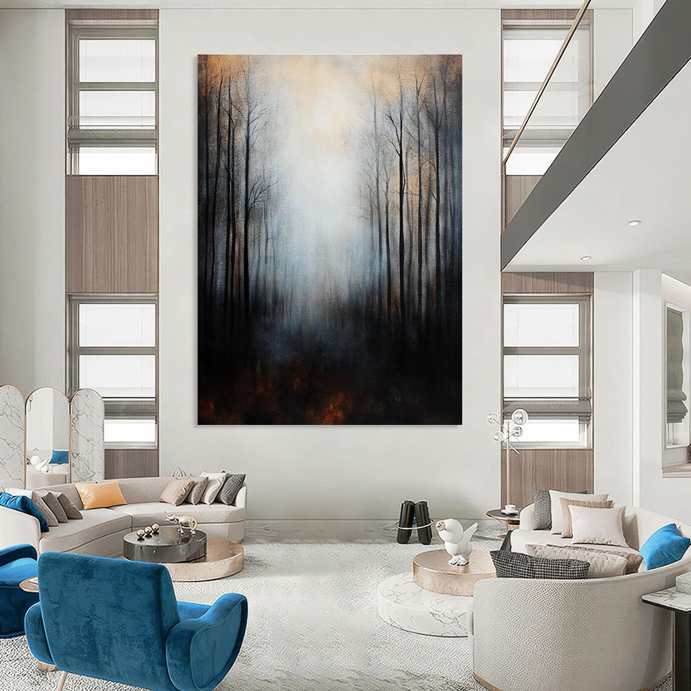 Large abstract painting depicting misty forest trees in dark tones with a surreal ambiance and intricate details for a moody atmospheric effect.STSC061