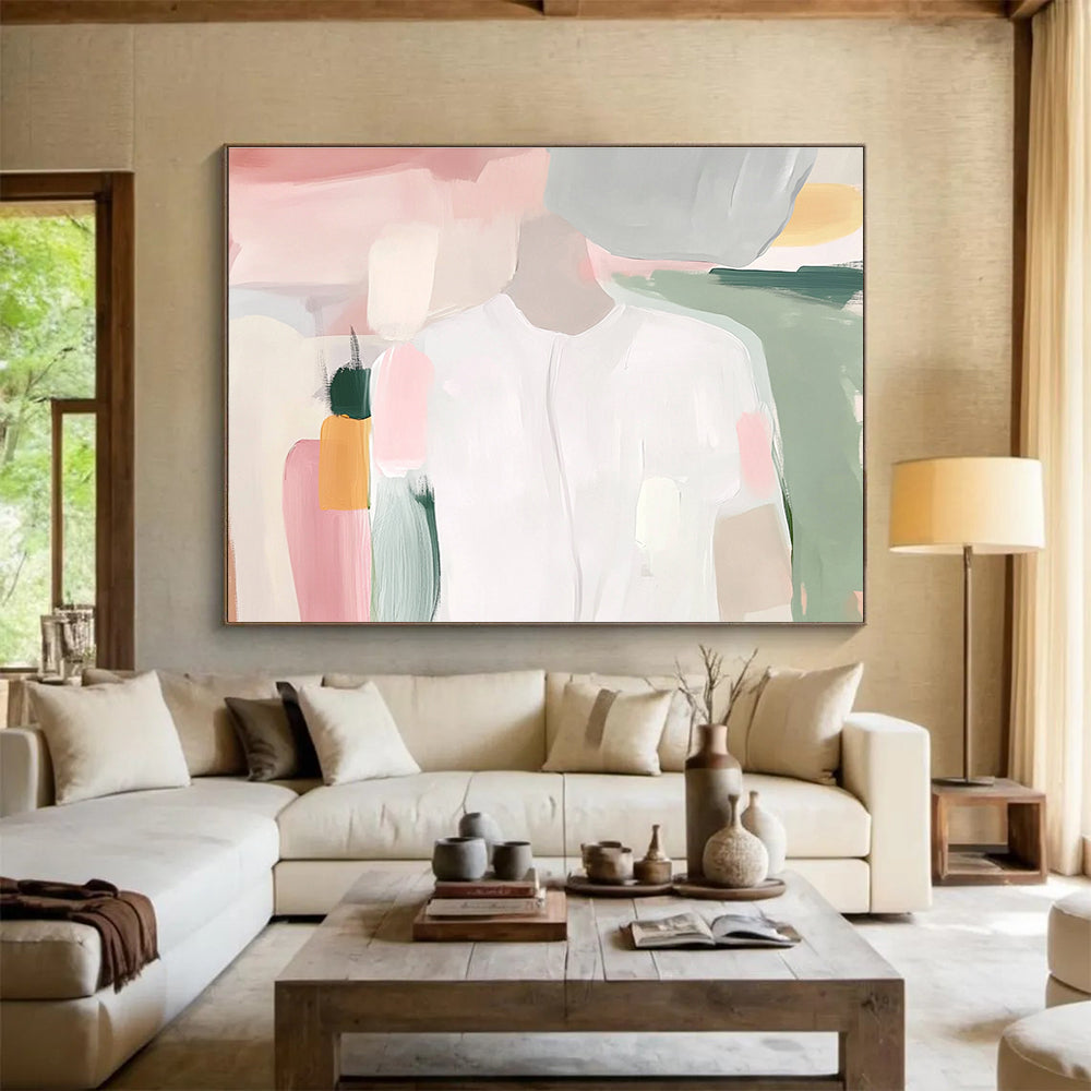Large abstract painting of a white shirt with soft pink and green pastel brush strokes inspired by Maira Kalman.SC179