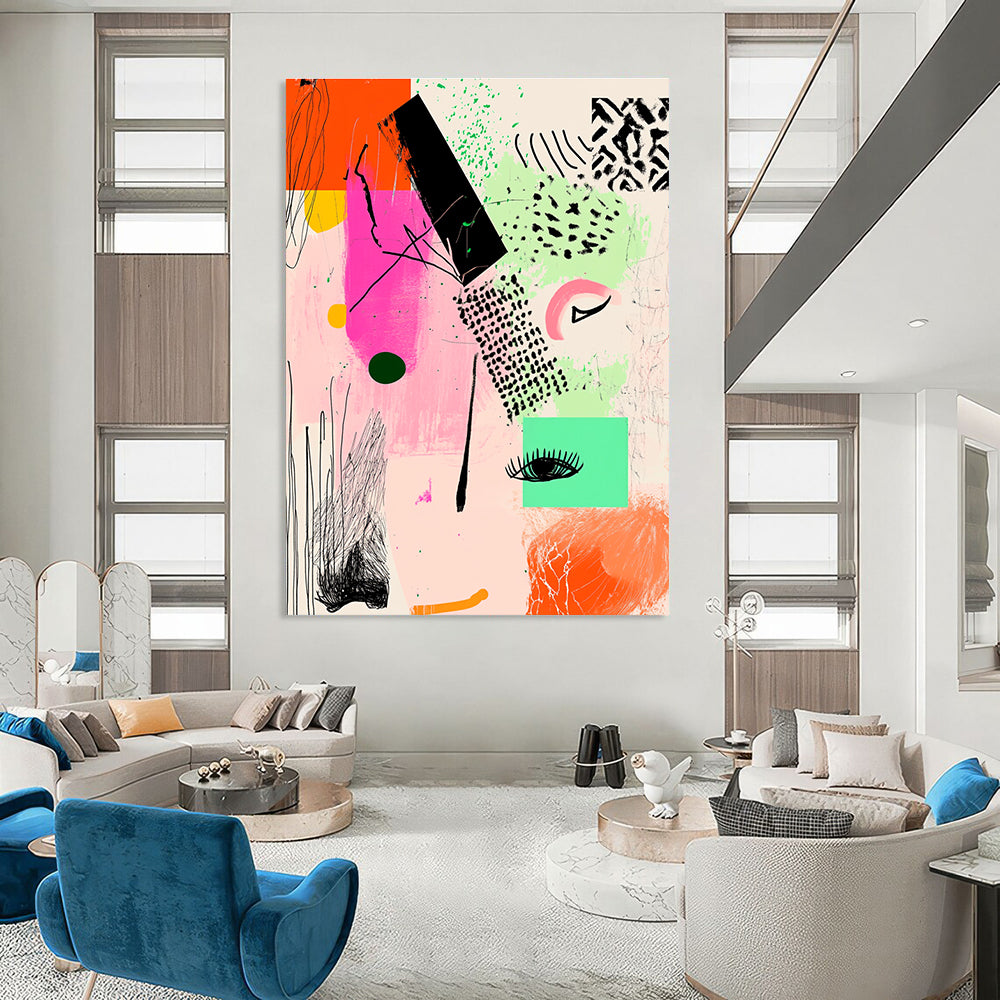 Large abstract artwork featuring pink and green shapes with geometric line art and black ink illustrations on a warm light orange background.STSC982