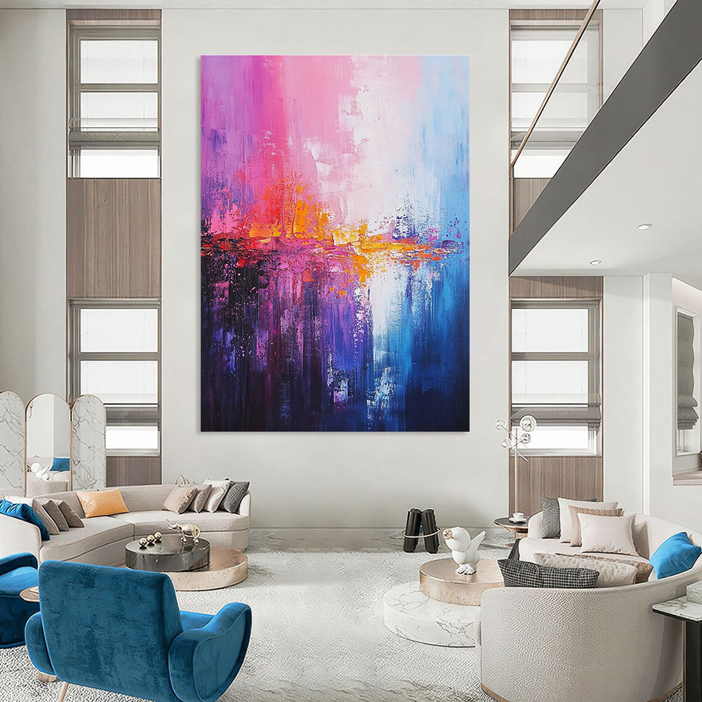Large abstract painting of the sea featuring light pink dark blue and soft atmospheric effects in a dreamy impressionist style.STSC344