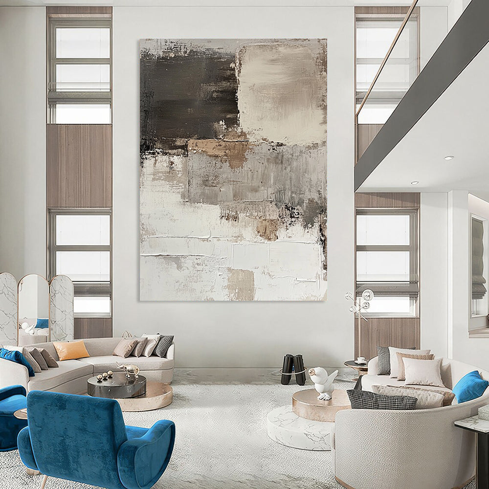 Large abstract painting of a peeling white wall in brown and gray tones showcasing thick brush strokes for a minimalist aesthetic.STSC268