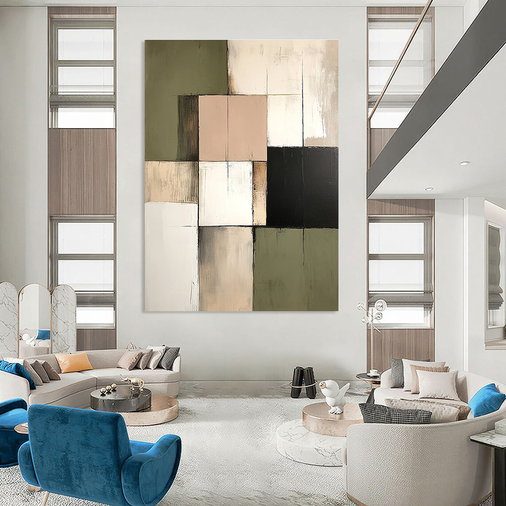 Large abstract painting in neutral tones of cream sage green and muted pink reflecting an architectural landscape feel.STSC765
