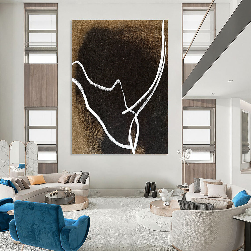 An abstract artwork featuring minimalist line art of a rhinoceros' horns in white on a dark brown background, inspired by Matisse and Dubuffet.STSC1346