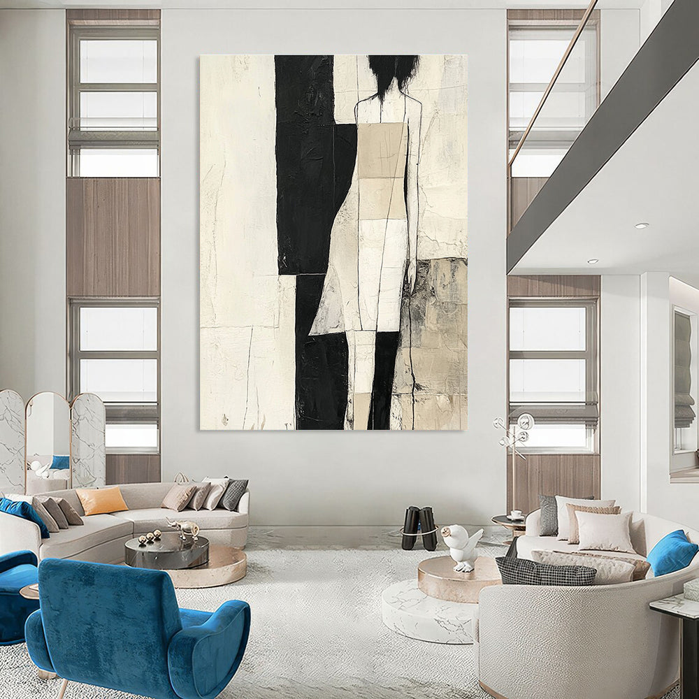 Large abstract painting in black and white with gray and beige strips against a soft cream background inspired by various artistic styles.STSC674
