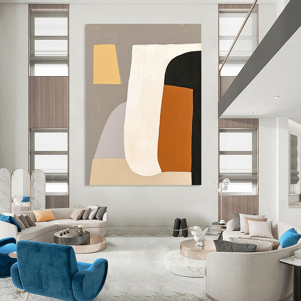 Large abstract painting featuring white shapes with an orange and black form against a grey background embodying minimalism and elegance.STSC628