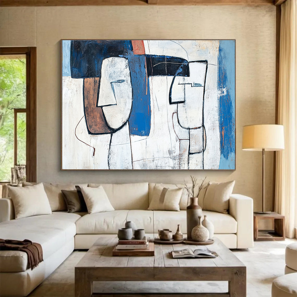 Large abstract painting featuring blue and white figures with brown accents thick lines and simple composition inspired by Picasso's style.SC189