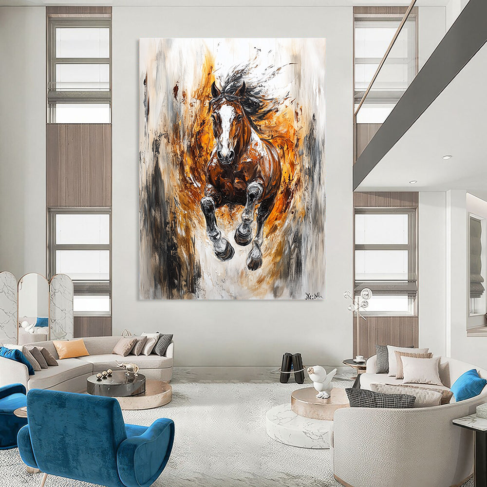 Large abstract painting featuring a wild horse in motion with dynamic colors and strong contrasts embodying speed and freedom.STSC1368