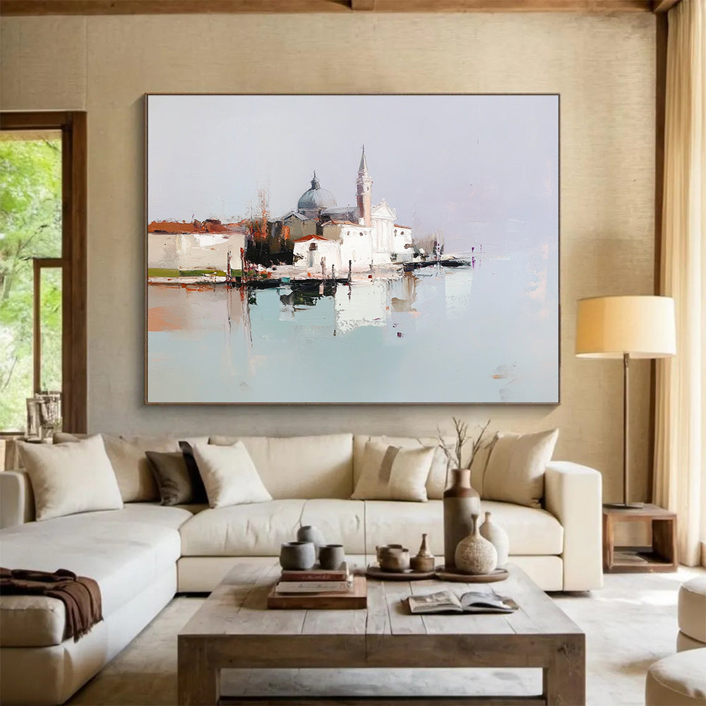 An abstract oil painting featuring a tranquil Venetian island with white buildings, showcasing minimal brush strokes and muted colors in a harmonious composition.SC410
