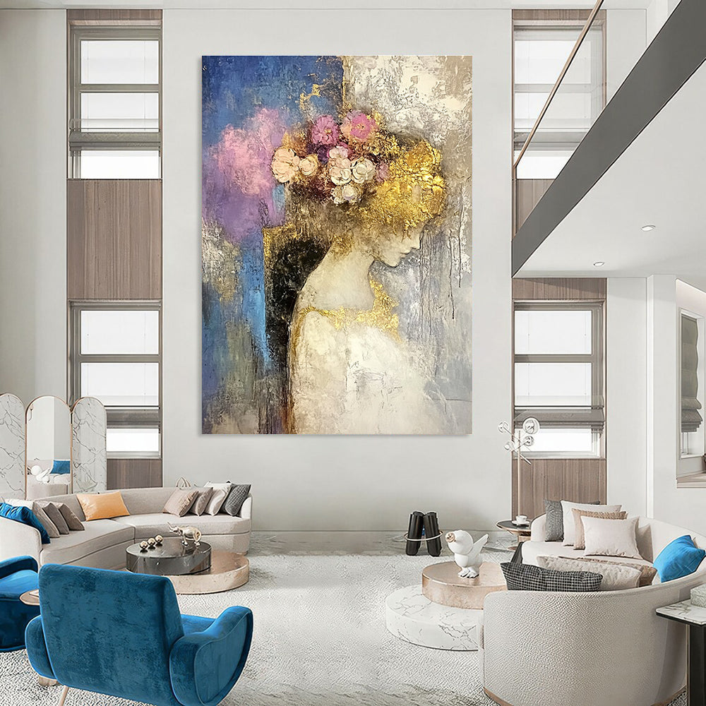 Large abstract oil painting featuring a moon with a golden circle in beige and gold tones with dripping gold leaf on a white background.STSC173