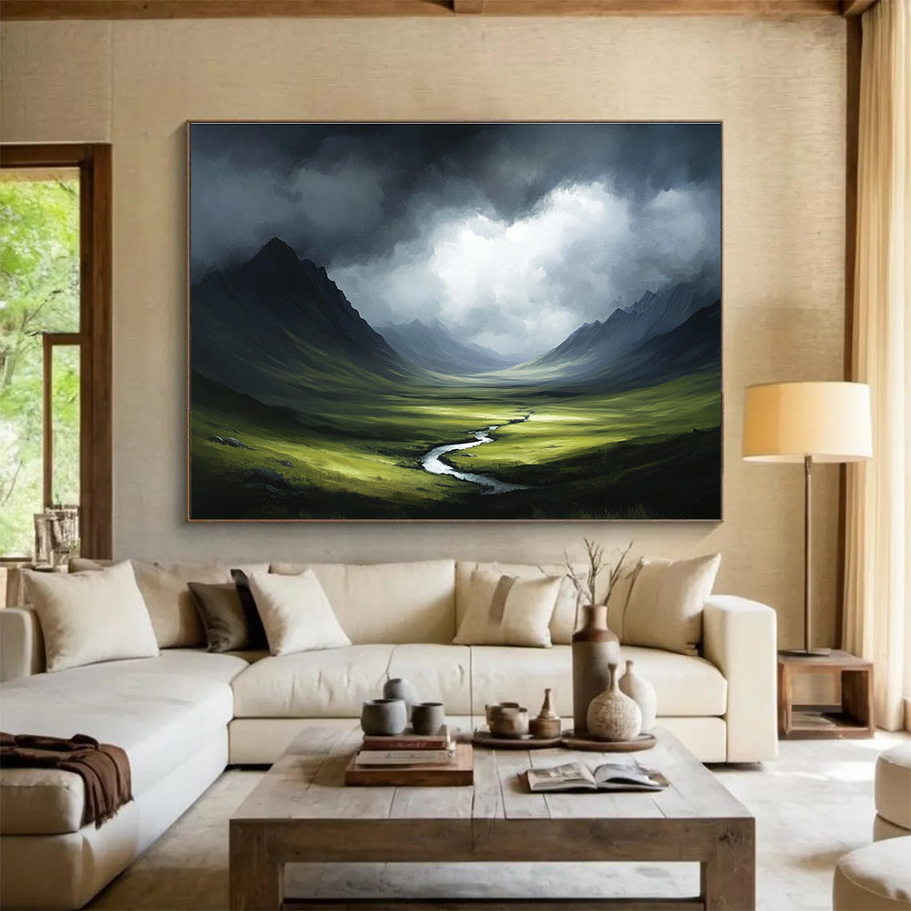 A large abstract painting of the Scottish Highlands featuring stormy skies and dark greenery in a painterly style reminiscent of Greg Rutkowski.SC607