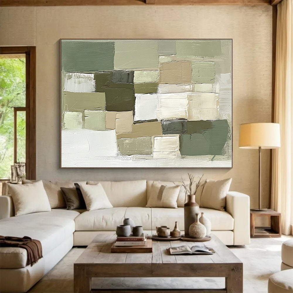 Green Beige Abstract Painting with Geometric Blocks GER811