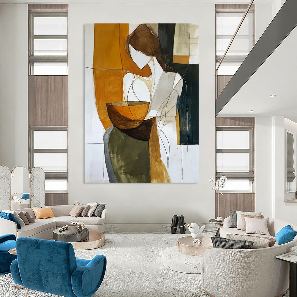 Large abstract painting of an androgynous figure enveloping an earthenware bowl in rich earth tones against a dark white background.STSC299
