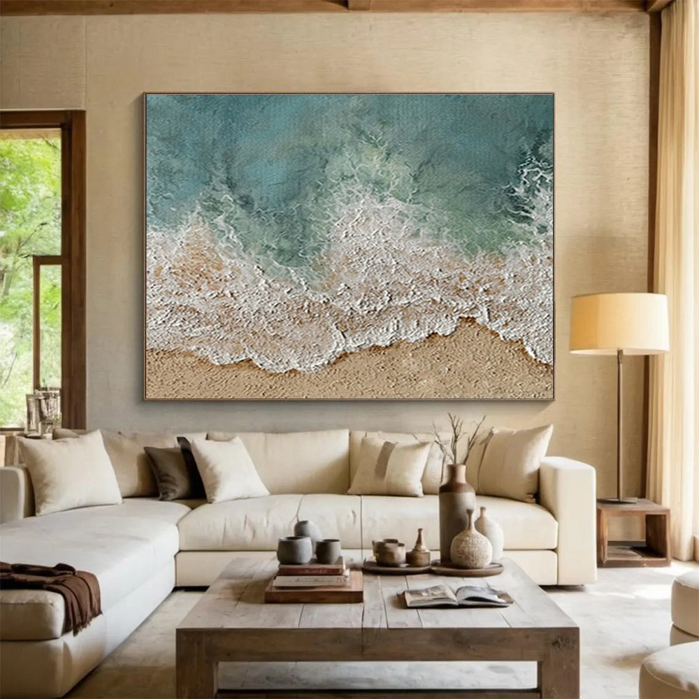 Aerial Beach View Abstract Painting with Turquoise and Sandy Tones THY254