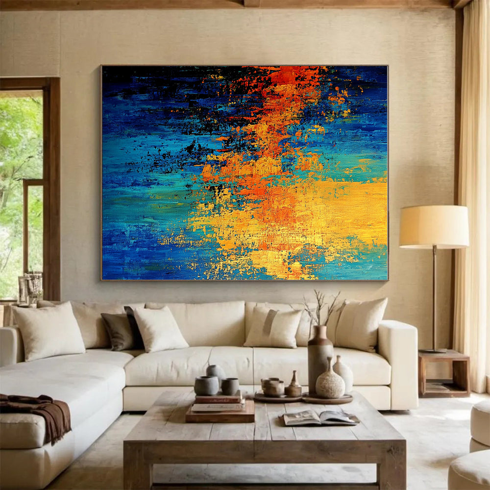 Blue Orange Gold Abstract Painting with Vibrant Patterns GER768