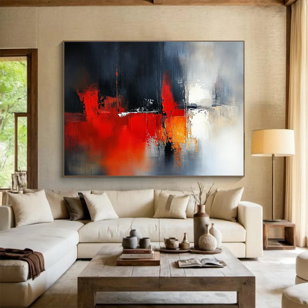 Large abstract painting featuring blurred red and white tones with dark gray background and architectural elements complemented by delicate textures and soft lighting effects.SC230