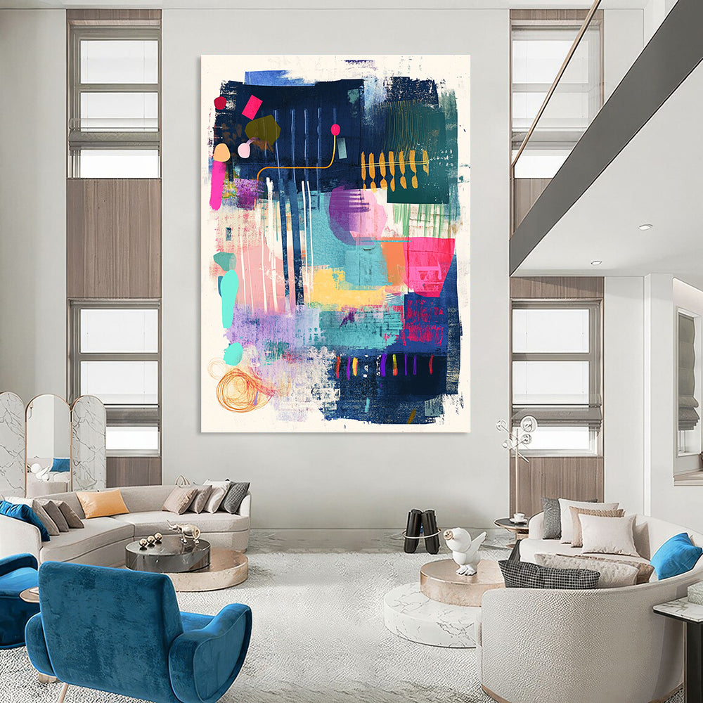 A large abstract artwork featuring musical notes and vibrant colors with oversized keys creating motion and playful typography in a harmonious design.STSC967