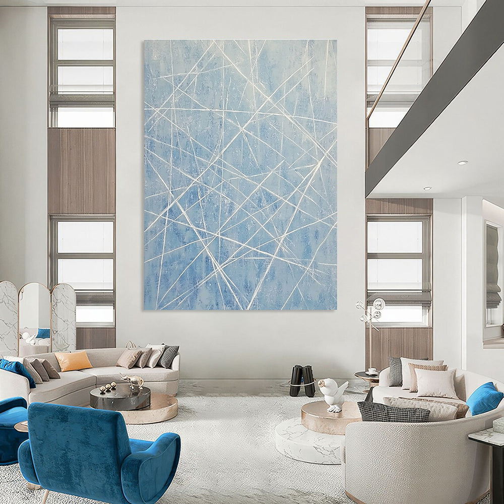 Large abstract painting of light blue and white lines resembling an icy landscape with vertical lines and frozen icicle-like formations.STSC316