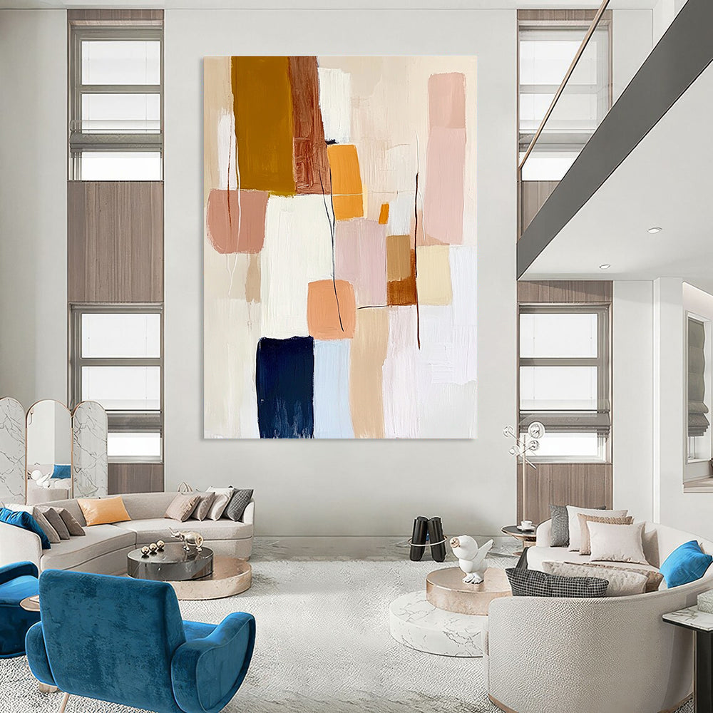 Large abstract painting featuring geometric shapes in pastel colors with textured brush strokes on a white background creating a harmonious composition.STSC755