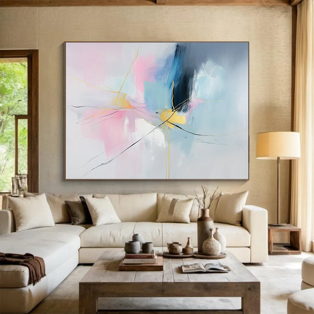 Colorful Abstract with Gold Lines Painting in Pink and Blue DYP441