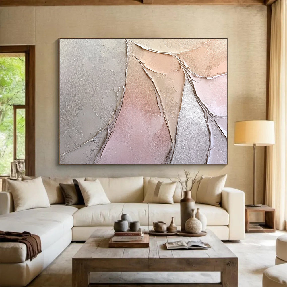 Pink and Beige Textured Abstract Painting with Leaf - like Forms GER053