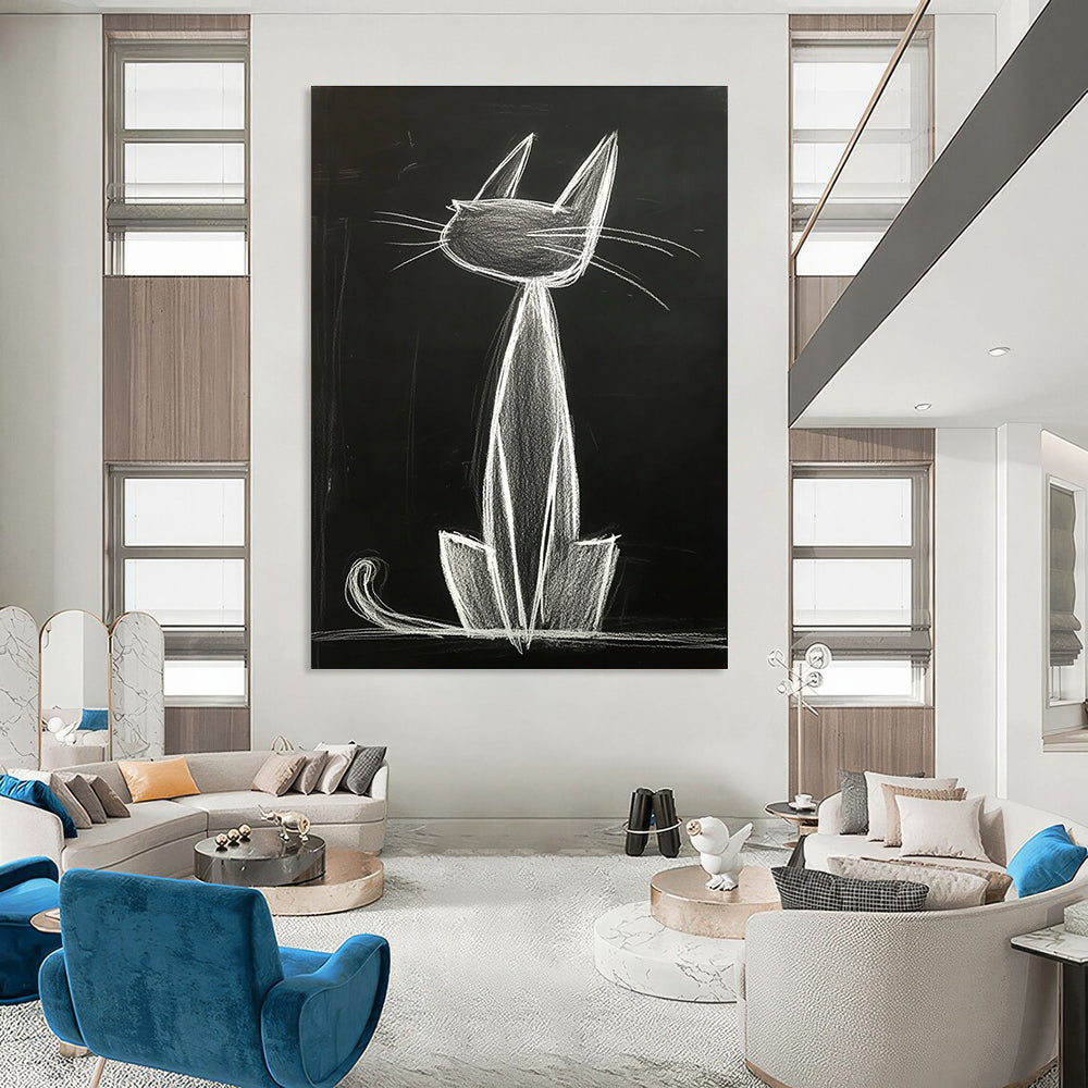 A large abstract artwork featuring an anthropomorphic cat with long ears sitting gracefully on its hind legs, captured in smooth chalk lines.STSC1184