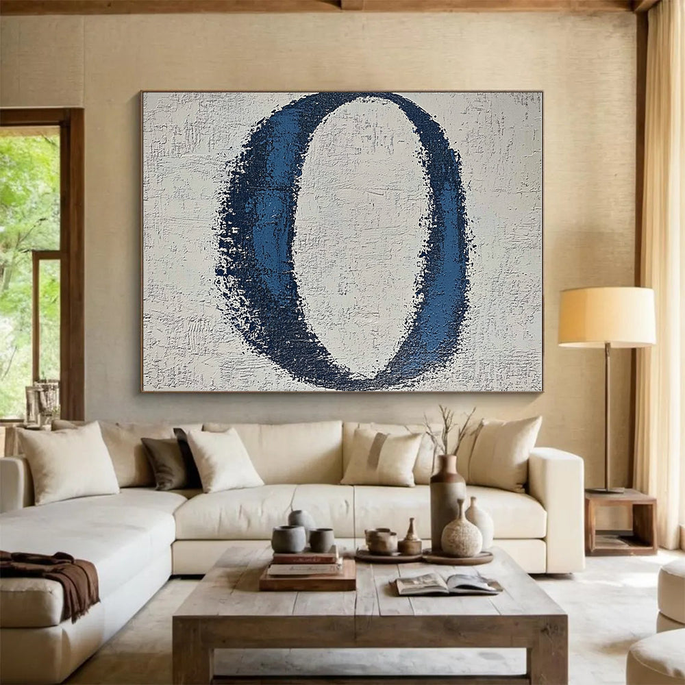 Blue Oval on Textured White Abstract Painting with Rough Edges GER024