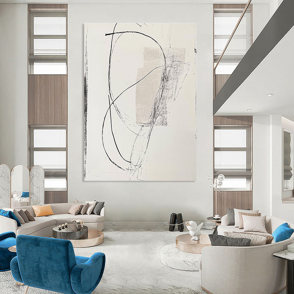 Large abstract drawing on paper featuring a side figure intertwined with curved lines against a light gray background.STSC1256