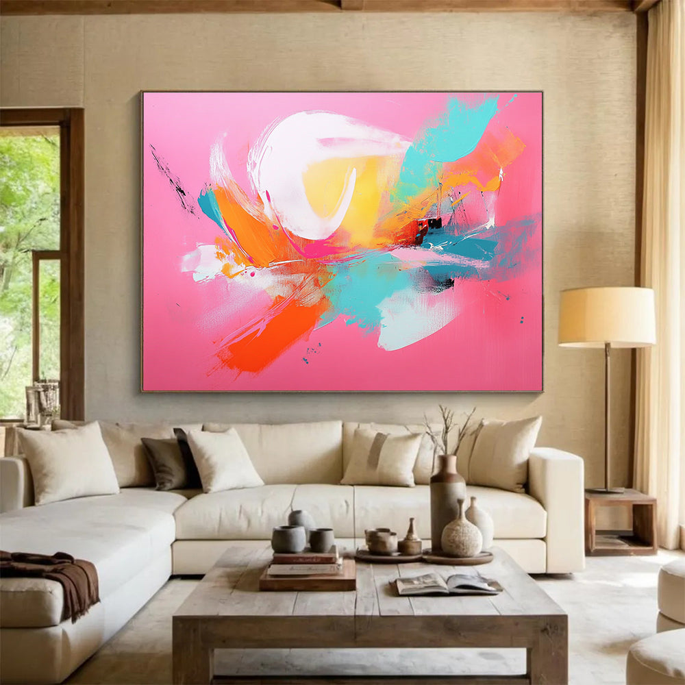 Large abstract painting with a pink background and vibrant orange and teal accents showcasing dynamic brush strokes.SC224