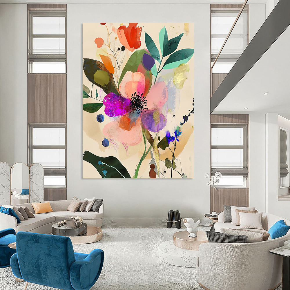 Large abstract watercolor painting featuring iridescent pink flower surrounded by floral patterns in pastel colors with organic shapes and black ink details.STSC1045