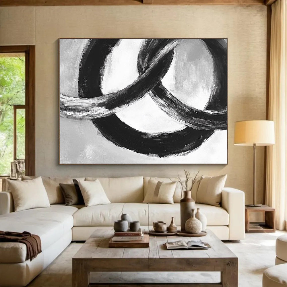 Black and White Linked Rings Abstract Painting with Bold Brushstrokes DYP175