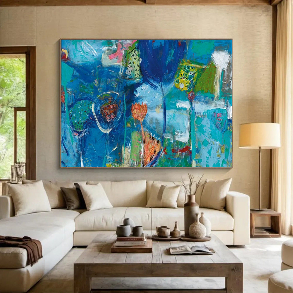 Blue Floral Abstract Fantasy Painting with Surreal Elements THY245