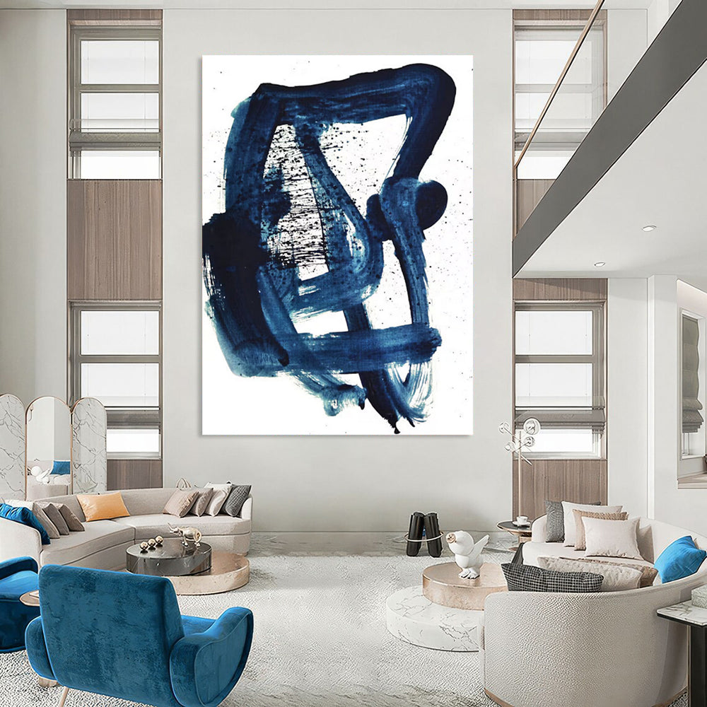 Dark Blue Dynamic Brushstrokes Abstract Painting ADGE161