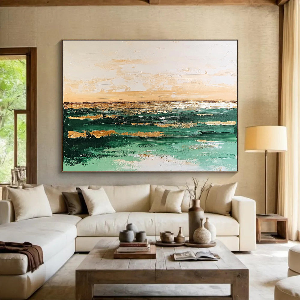 Large abstract painting with green and beige tones depicting a tranquil sea and soft sky against a muted white background, creating an elegant vintage feel.SC080