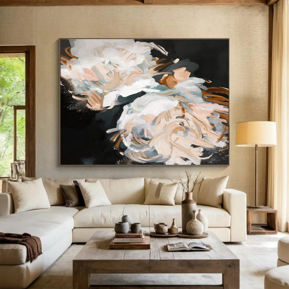 White Flower Abstract Painting with Elegant, Monochromatic Grace THY407