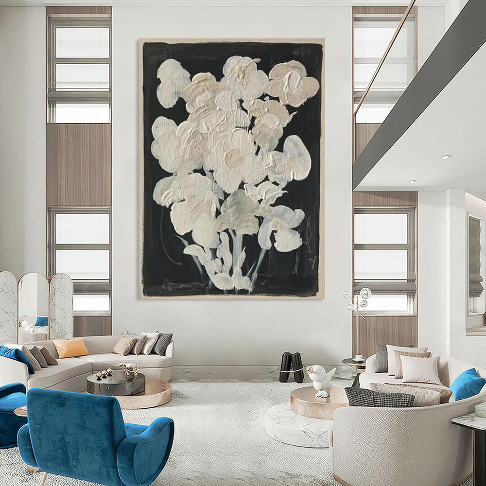 White Flowers on Black Background Abstract Floral Painting ADGE140