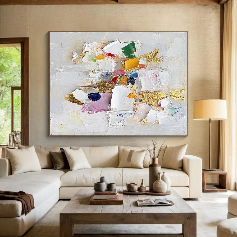 Colorful Patch and Gold Abstract Painting with 3D Effect GER482