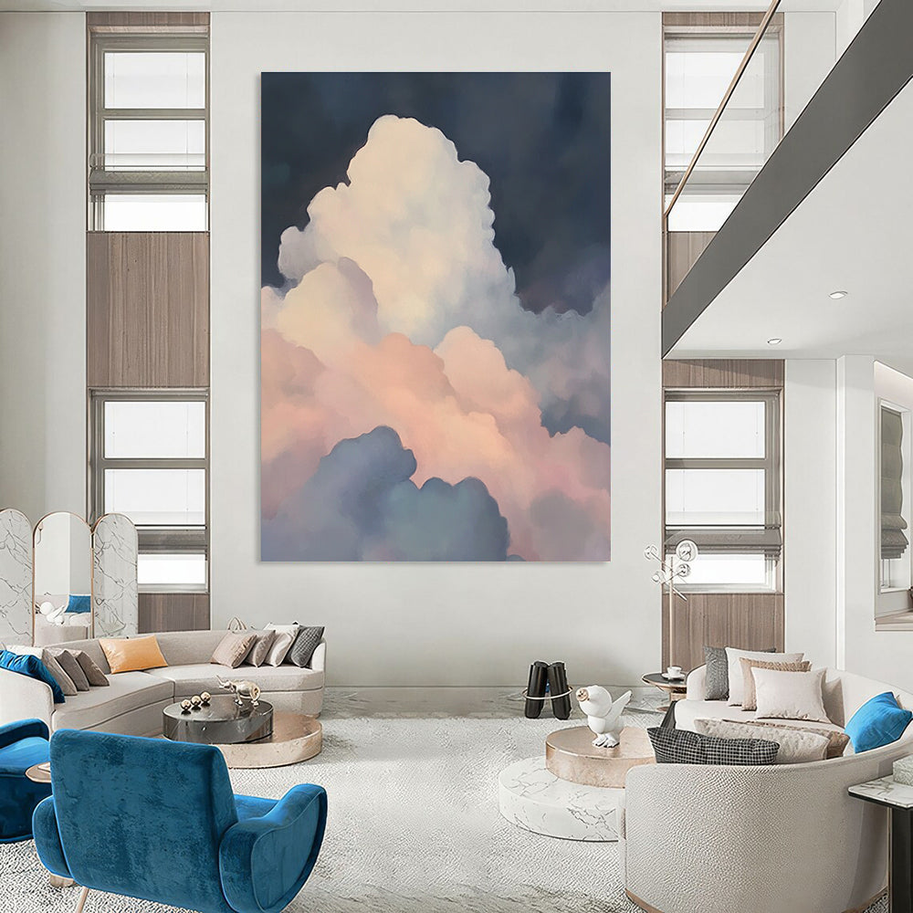 A large abstract painting featuring soft atmospheric scenes with a misty atmosphere and ethereal light shining through colorful clouds.STSC1036