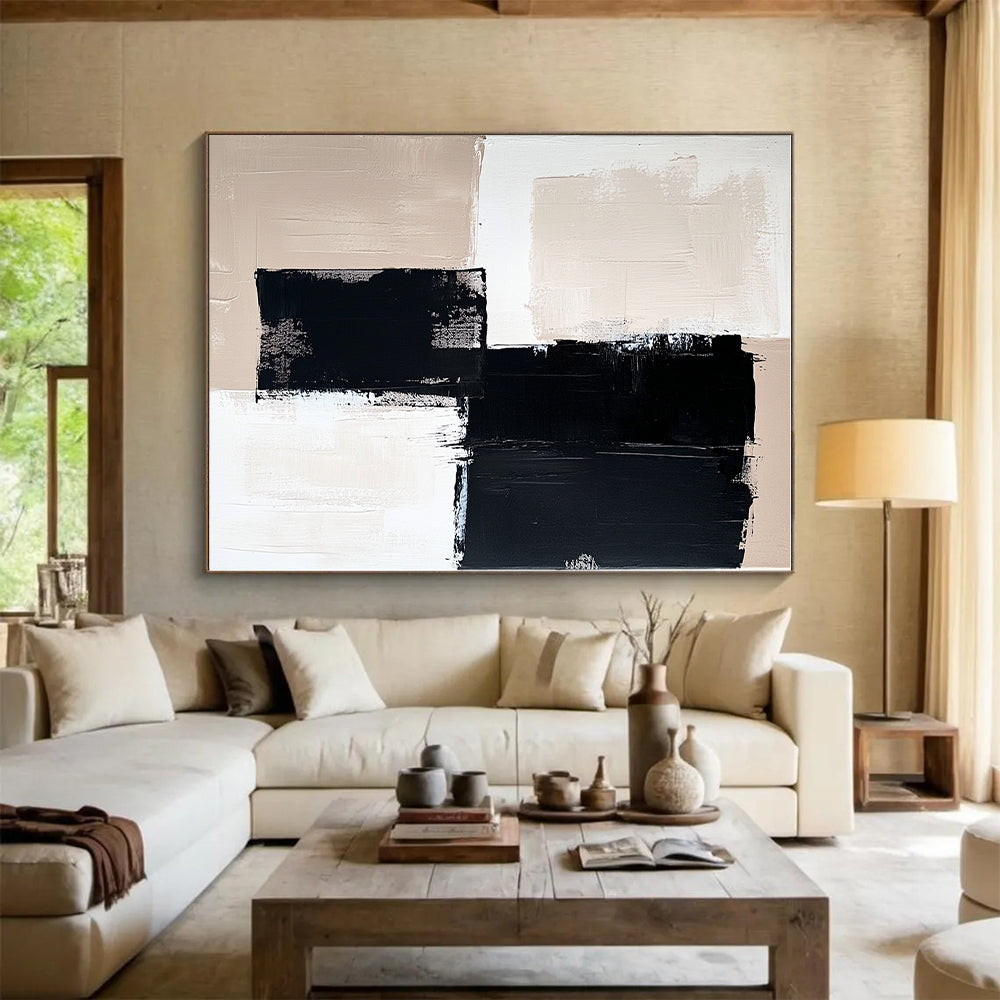 Black Beige and White Abstract Painting with Dynamic Brushstrokes GER503