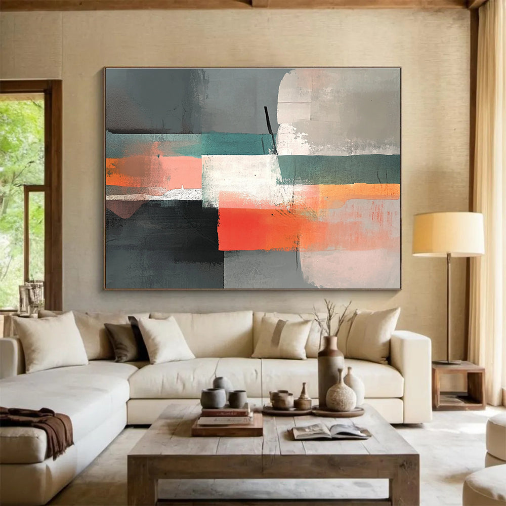 A large abstract painting featuring gray, peach, and teal colors with collage elements and low contrast for a serene atmosphere.SC374