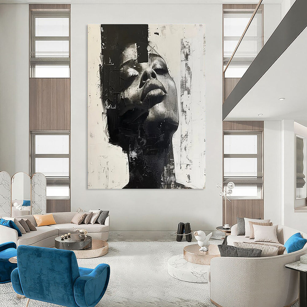 Black and White Textured Portrait Abstract Painting ADGE139